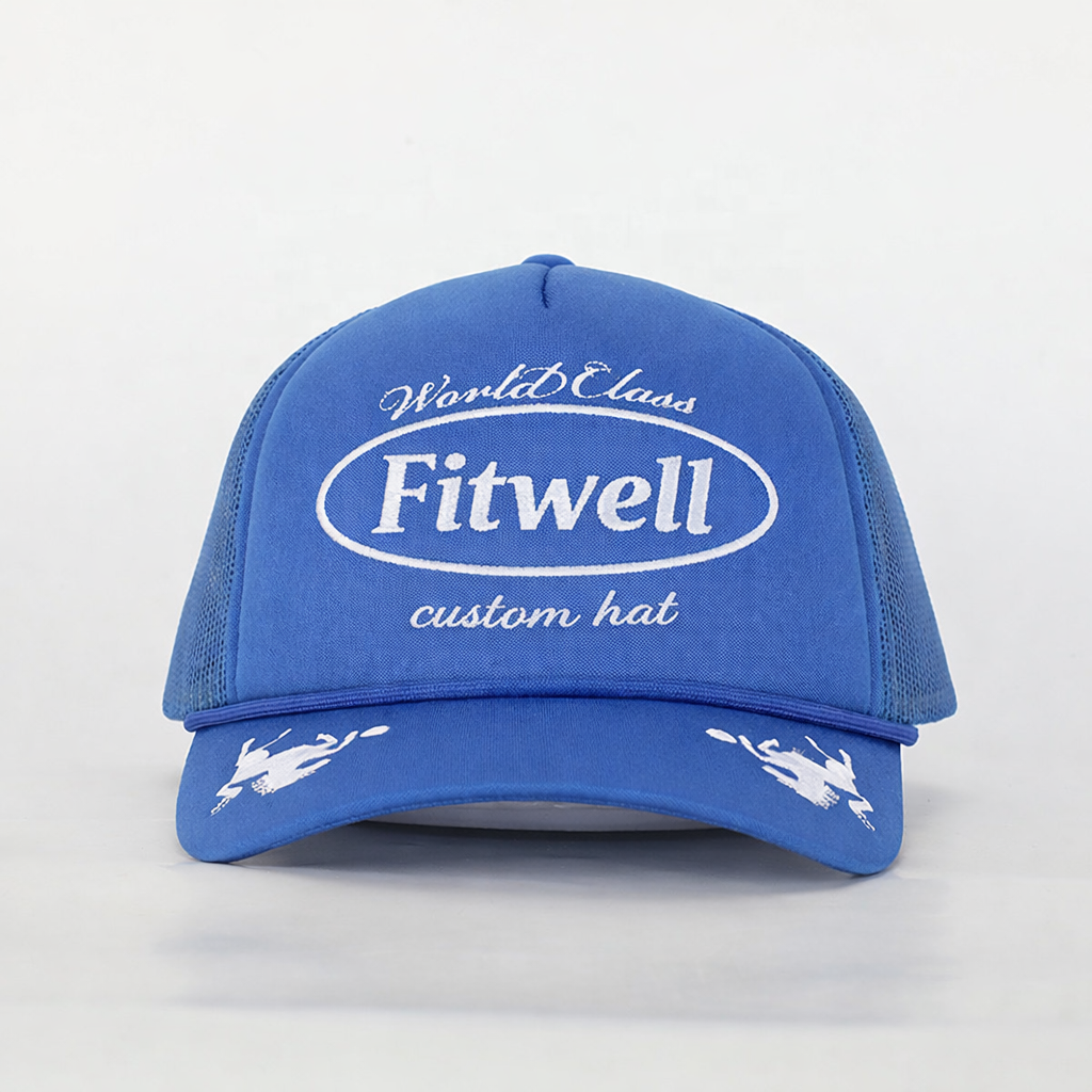 Blue Foam Front Mesh Trucker Hat with Flat Embroidery – 5 Panel Cap Design