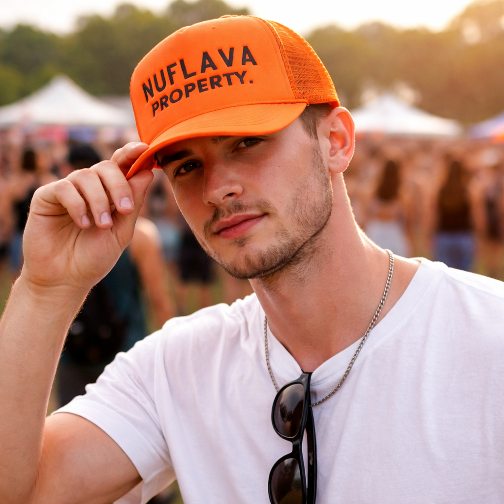 Orange Foam Trucker Hat – NUFLAVA PROPERTY Flat Embroidered 5-Panel Cap