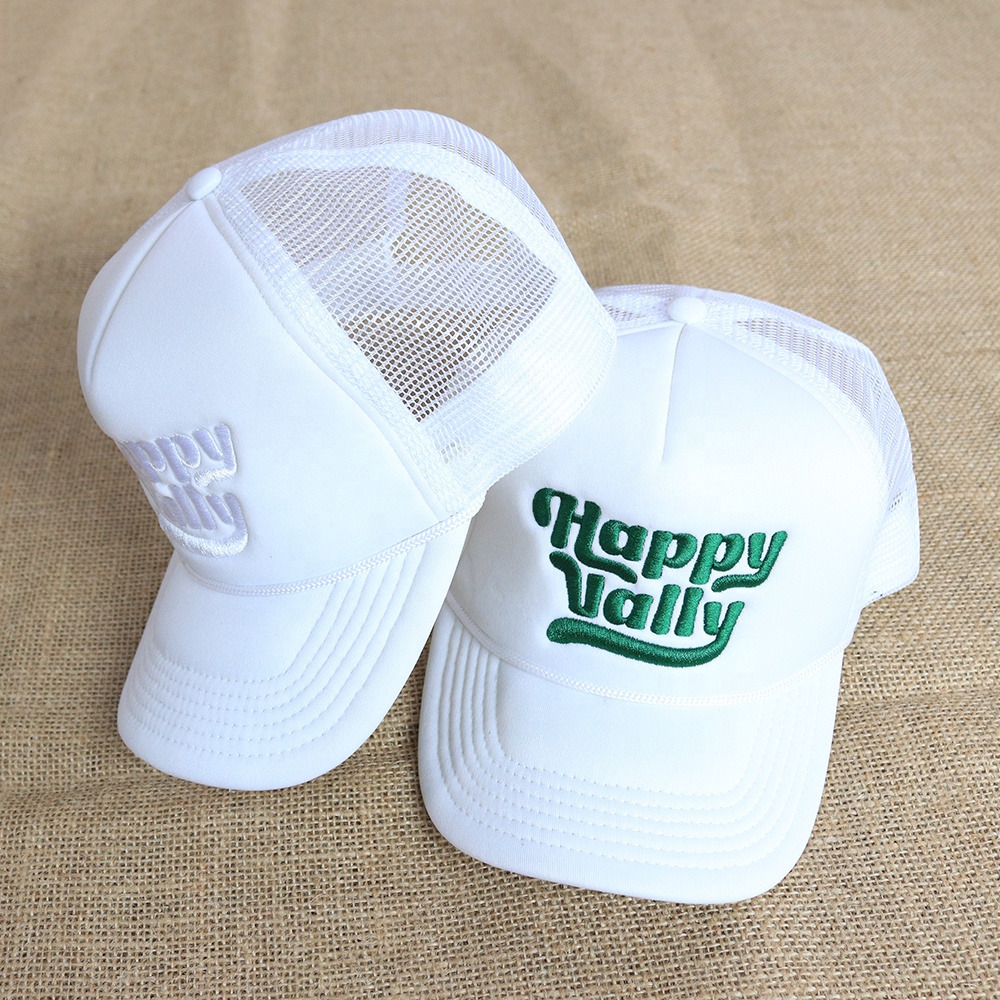 White 5 Panel Foam Trucker Hat with Flat Embroidered Logo