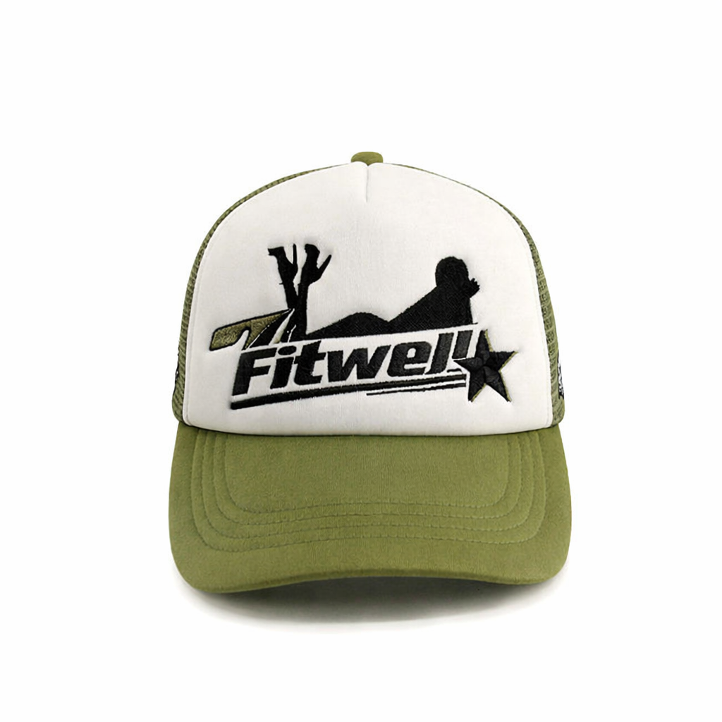 Green & White Foam Mesh Trucker Cap with Star Graphic Embroidery