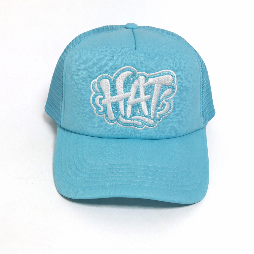 Light Blue Graffiti Embroidered Foam Trucker Cap Breathable Mesh Snapback Hat