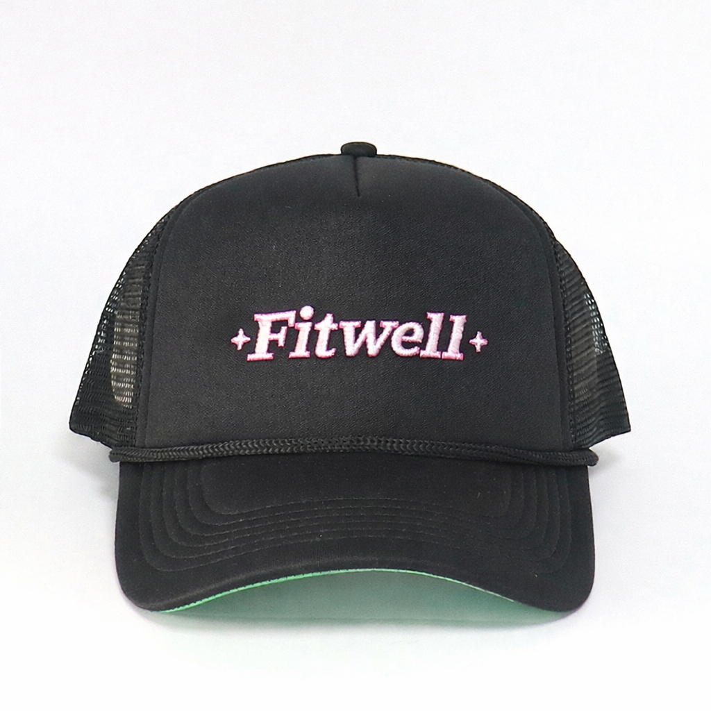 Black Foam Trucker Hat with Pink Embroidered Slogan and Rope Detail