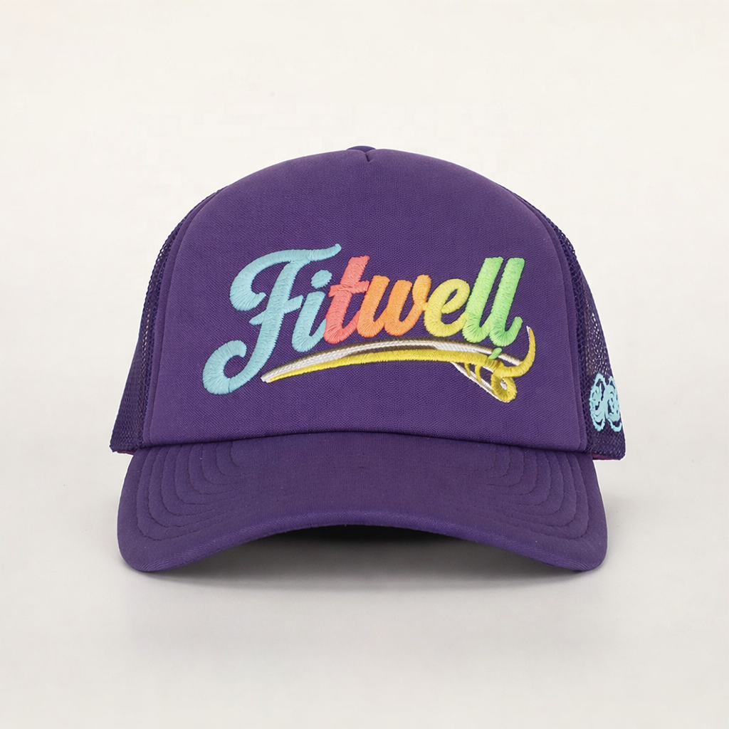 Purple Foam Trucker Cap with Rainbow Script Embroidery (5-Panel Mesh Back)