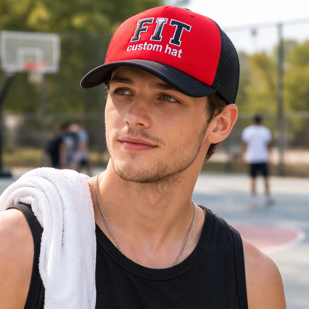 Red and Black Mesh Back Trucker Cap with Embroidered Letter Logo