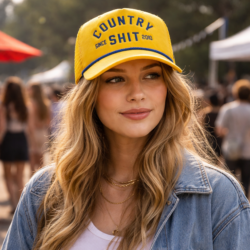 Country Shit Yellow Trucker Hat – Bold Embroidered Foam Mesh Rope Cap