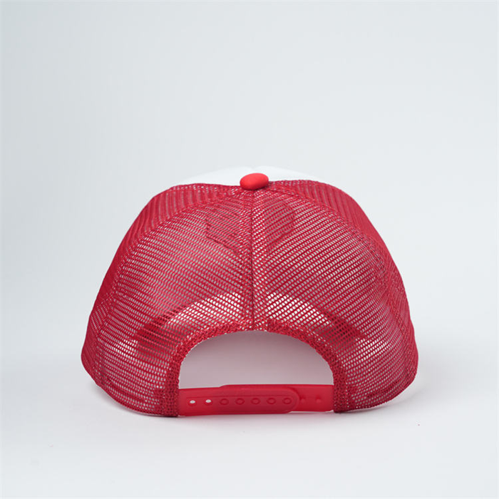 Red & White Foam Trucker Hat with Heart Logo – 5 Panel Mesh Cap