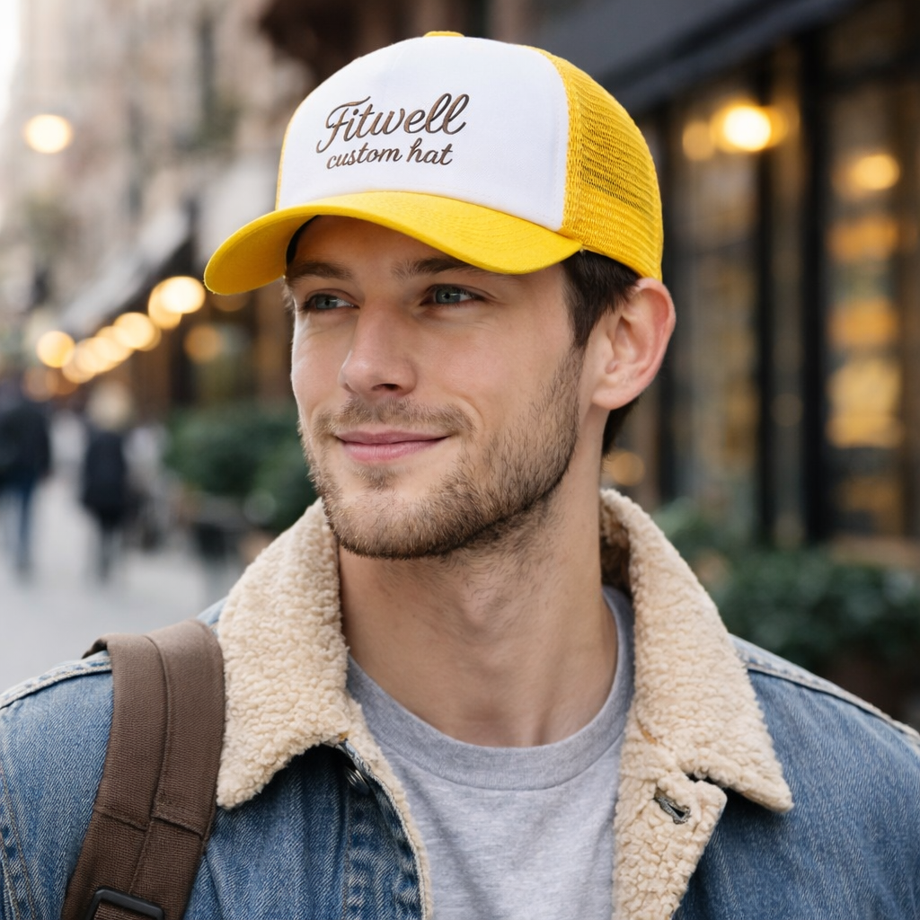 Yellow and White 5 Panel Foam Trucker Hat with Embroidered Script