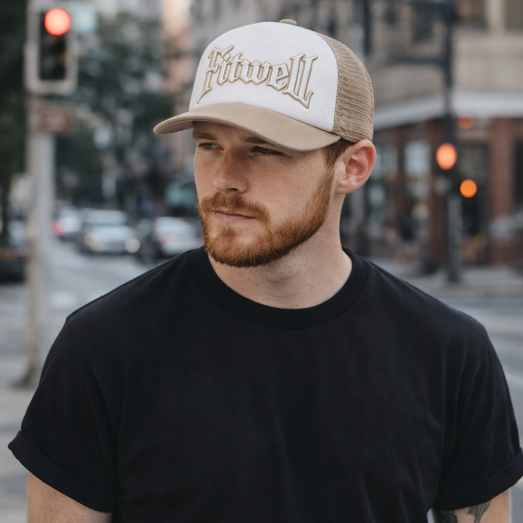 Beige and White Foam Trucker Hat with Gothic Letter Embroidery