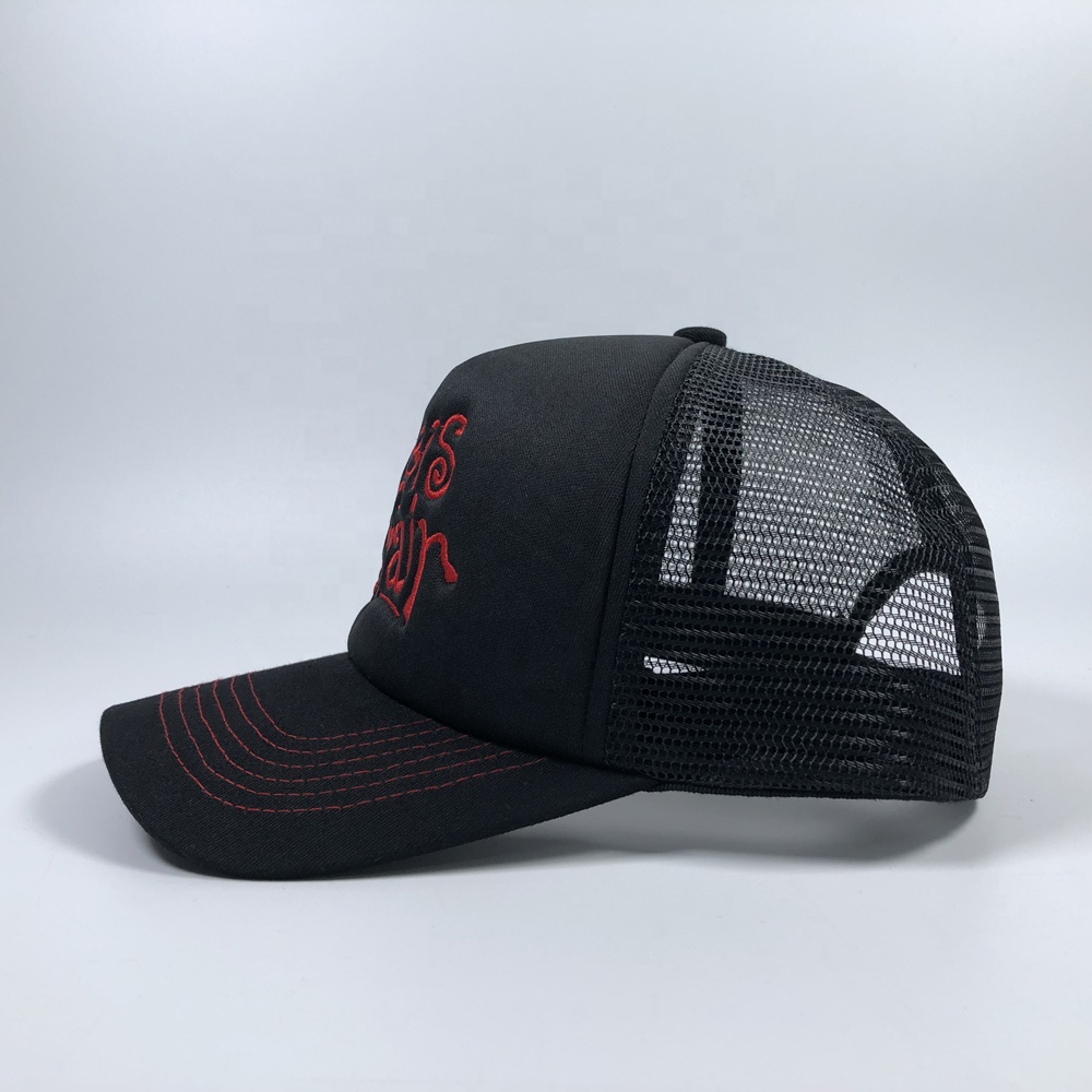 Stylish Black Embroidered Trucker Hat with Red Lettering