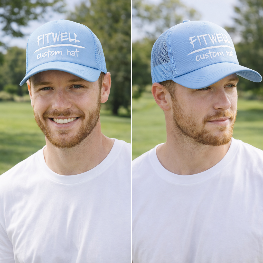 Sky Blue Foam Mesh Trucker Cap with Bold White Lettering