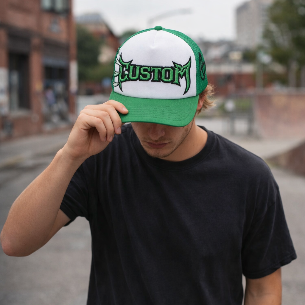 Green Tribal Embroidered Trucker Hat with Mesh Back