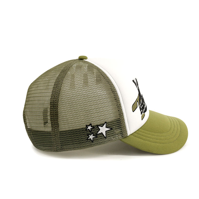 Green & White Foam Mesh Trucker Cap with Star Graphic Embroidery