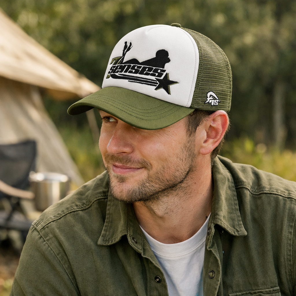 Green & White Foam Mesh Trucker Cap with Star Graphic Embroidery