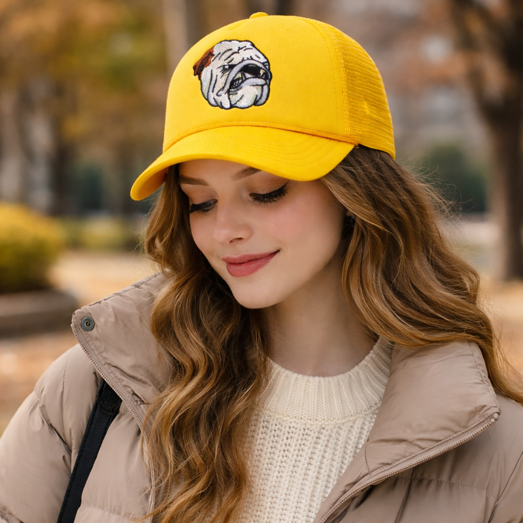 Yellow Mesh Bulldog Cap – Embroidered Foam Front Trucker Hat