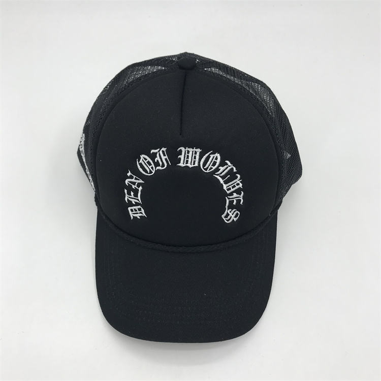 Vintage Gothic Mesh Trucker Hat with Flat Embroidery – Black Foam Cap
