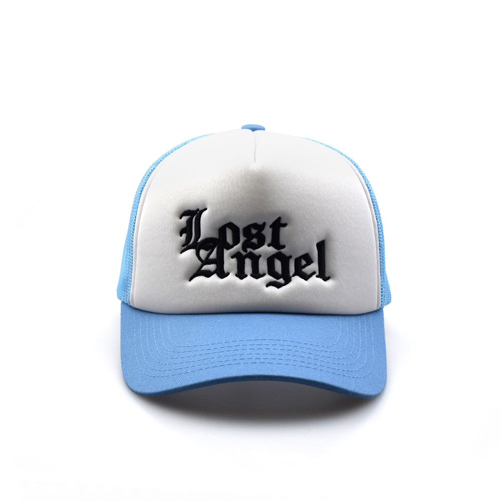 Lost Angel Embroidered Blue White Foam Mesh Trucker Hat – 5 Panel Snapback