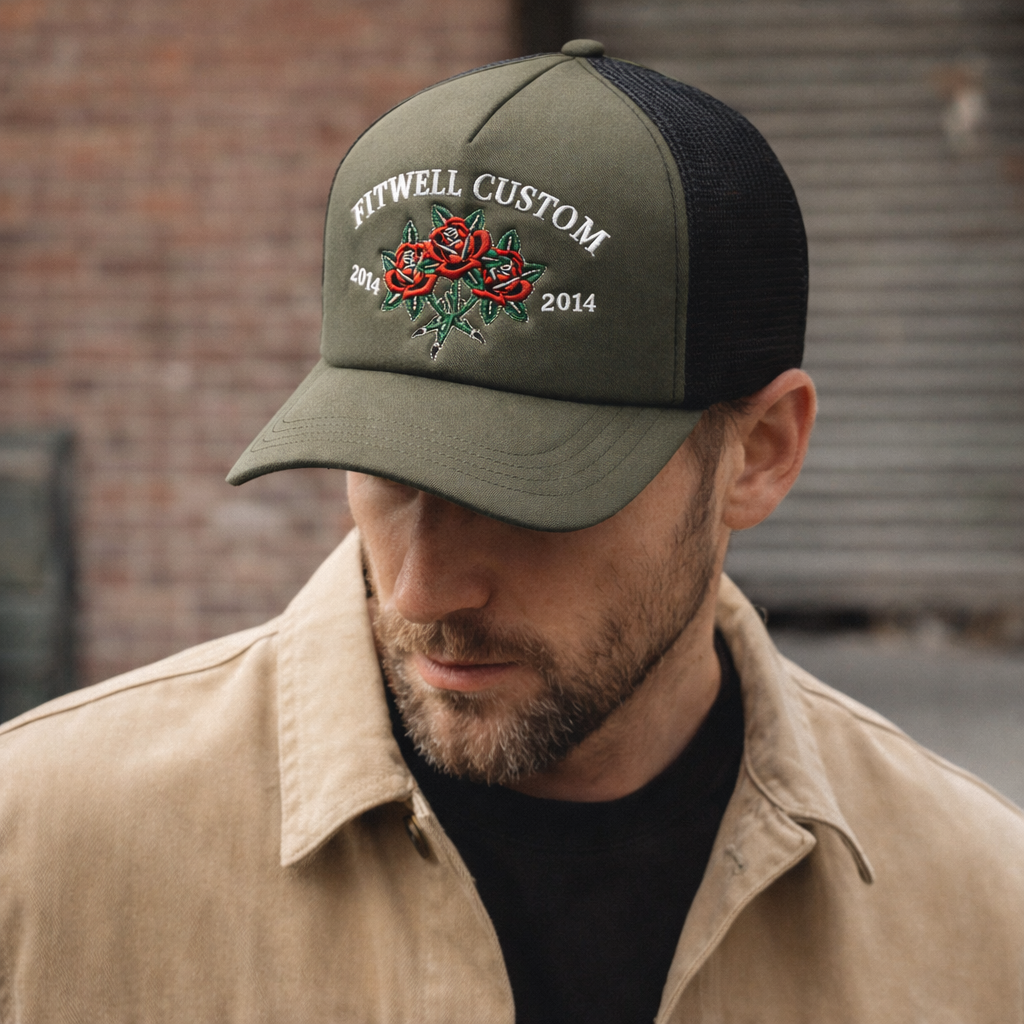 High-Quality Foam Trucker Hat with Flat Embroidered Rose Logo