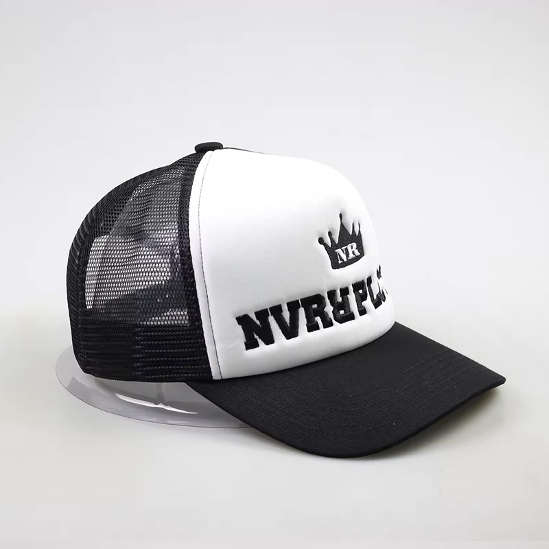 NVRRPLCTD Crown Logo Foam Front Trucker Cap – Black White Mesh Snapback