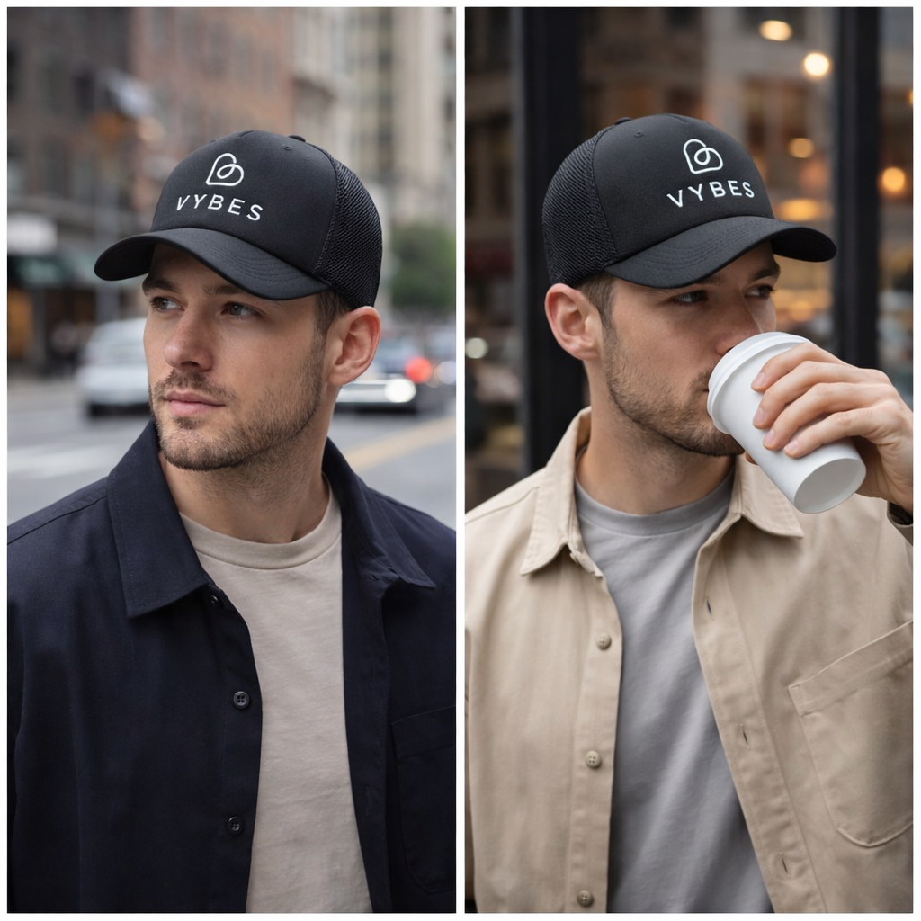 Black Mesh Trucker Cap with Embroidered VYBES Logo