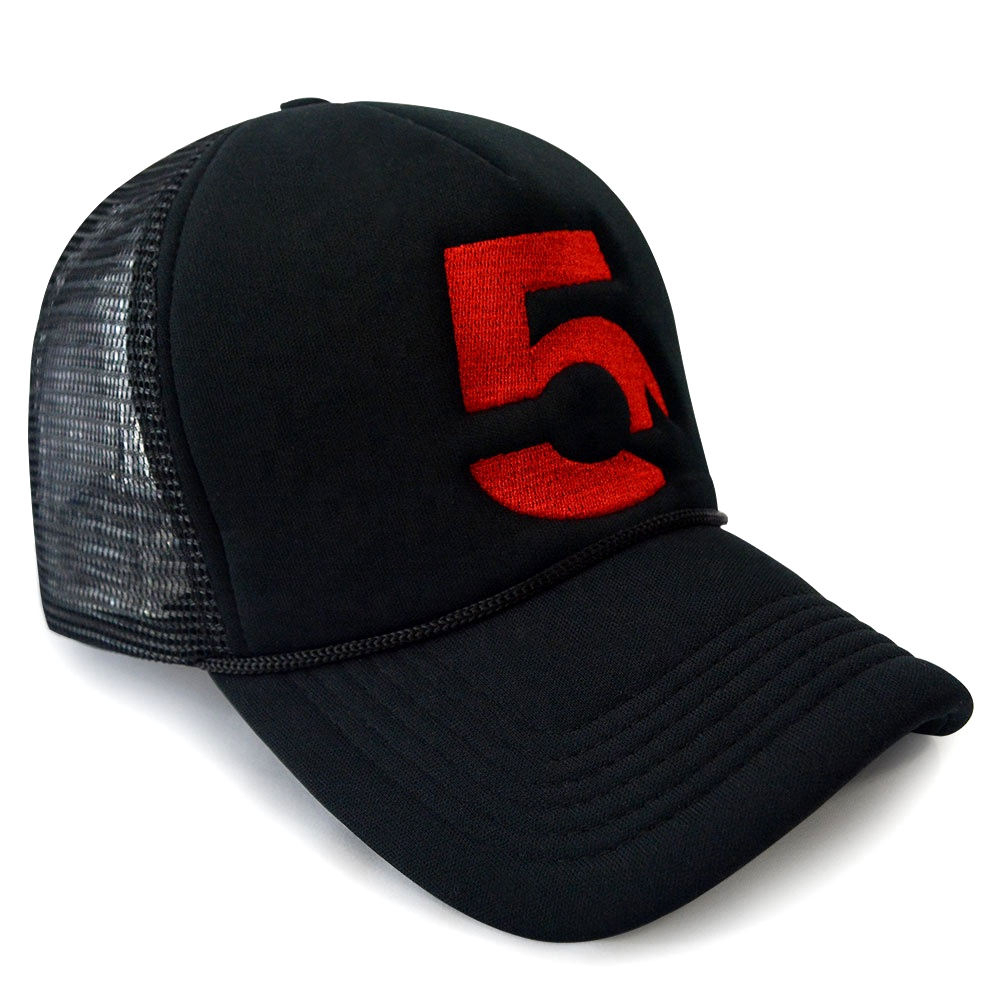 Black Foam Trucker Hat with Red Number 5 Flat Embroidery