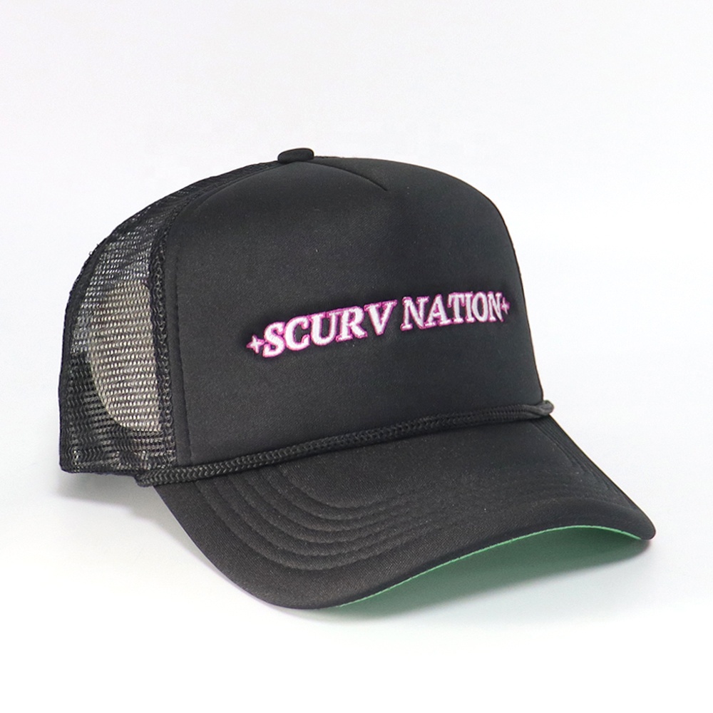 Black Foam Trucker Hat with Pink Embroidered Slogan and Rope Detail