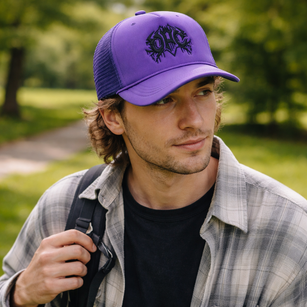 Metal-Inspired Graphic Foam Mesh Cap – Bold 5 Panel Curved Trucker Design