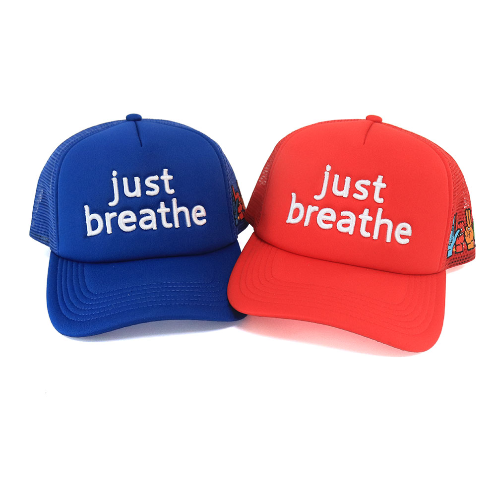 Just Breathe Colorful Foam Trucker Hat with Peace Sign Mesh – Bold 5 Panel Snapback
