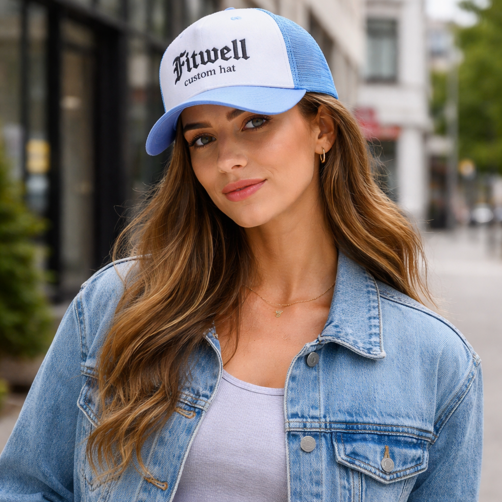 Lost Angel Embroidered Blue White Foam Mesh Trucker Hat – 5 Panel Snapback