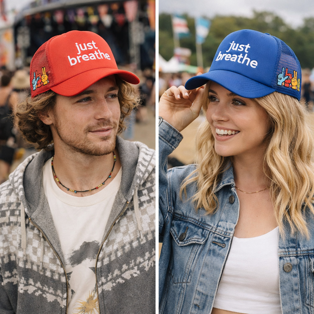 Just Breathe Colorful Foam Trucker Hat with Peace Sign Mesh – Bold 5 Panel Snapback