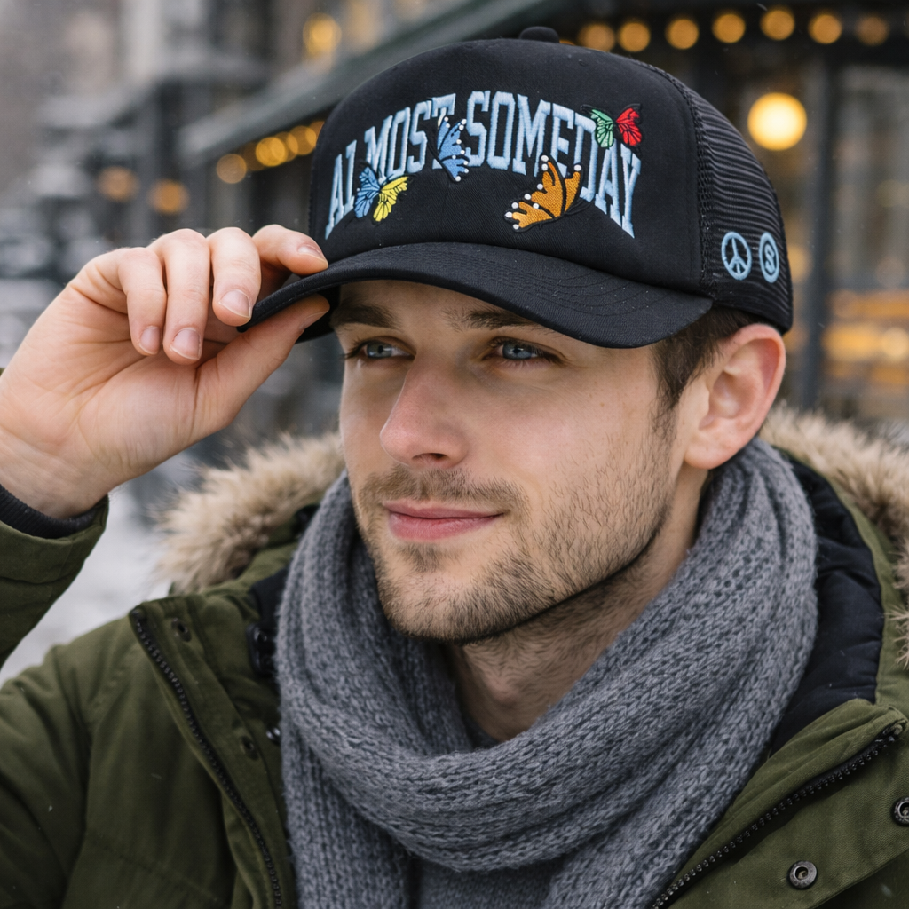 Butterfly Graphic Embroidered Black Mesh Back Trucker Cap