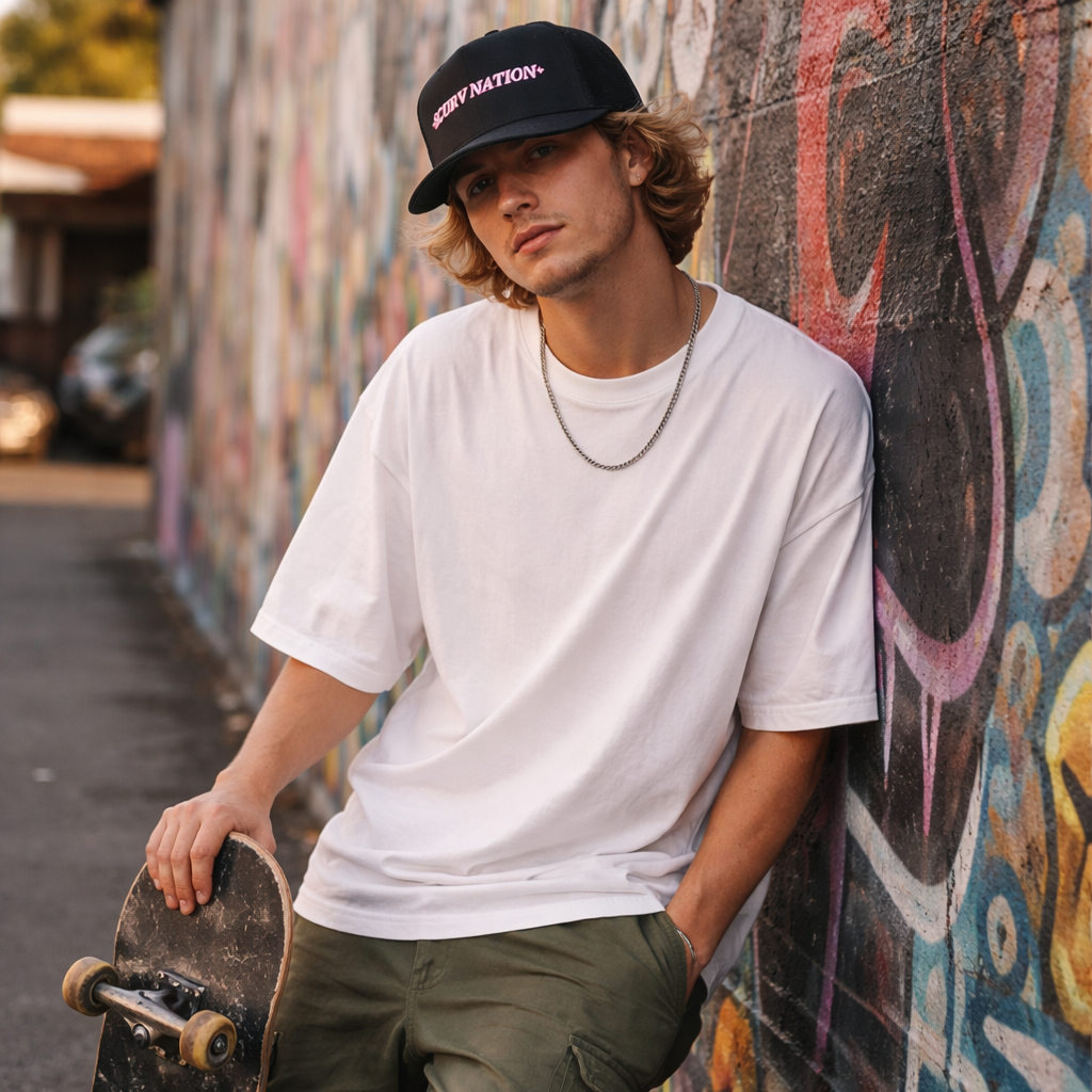 Black Foam Trucker Hat with Pink Embroidered Slogan and Rope Detail