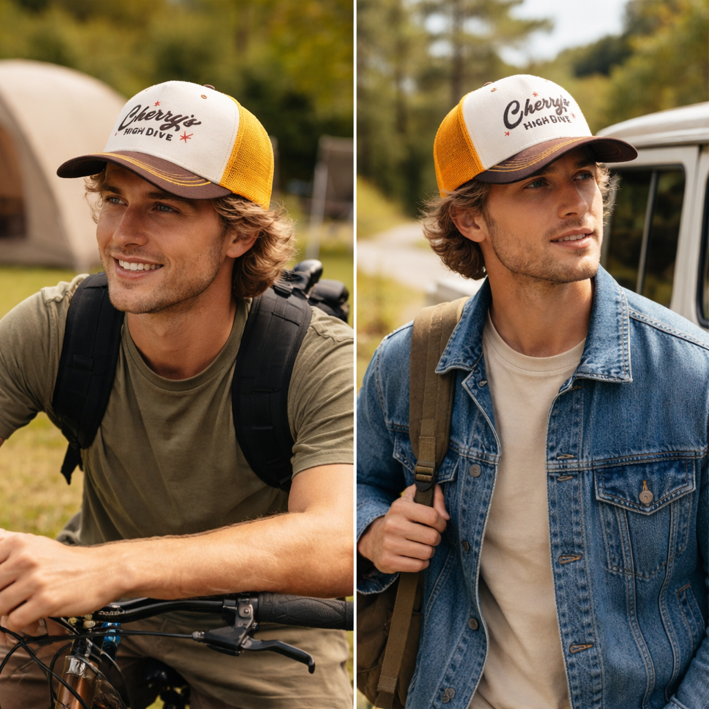 Retro Style Cherry’s Trucker Cap – Brown Yellow Mesh Snapback