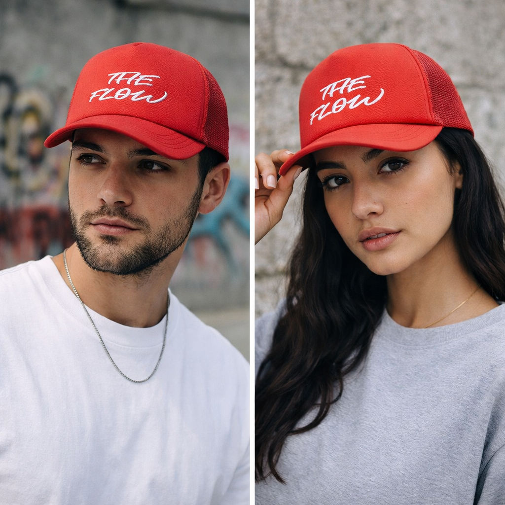 Red Mesh Trucker Cap with White Script Logo