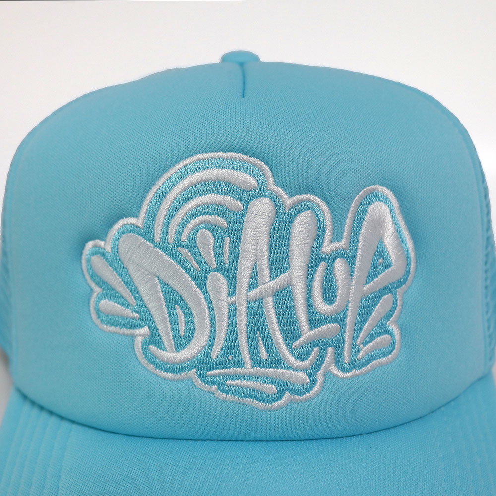 Light Blue Graffiti Embroidered Foam Trucker Cap Breathable Mesh Snapback Hat