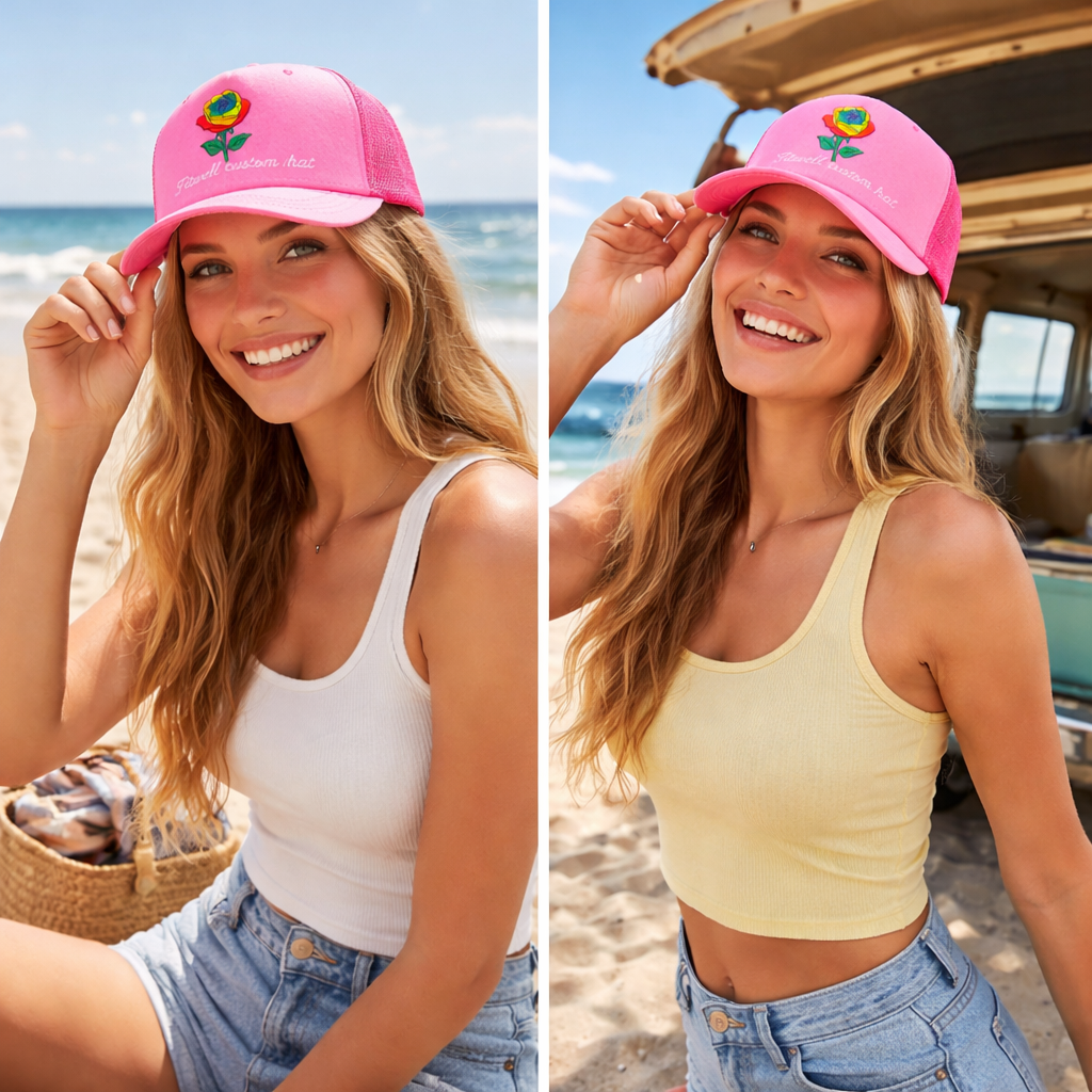 Pink Rose Embroidered Trucker Cap – Stylish Summer Mesh Hat