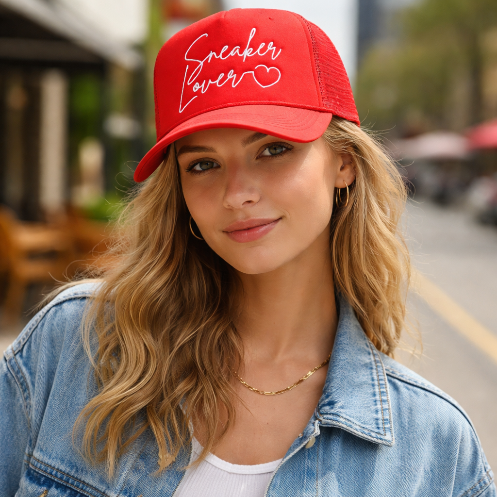 Red Trucker Hat with Sneaker Lover Embroidery