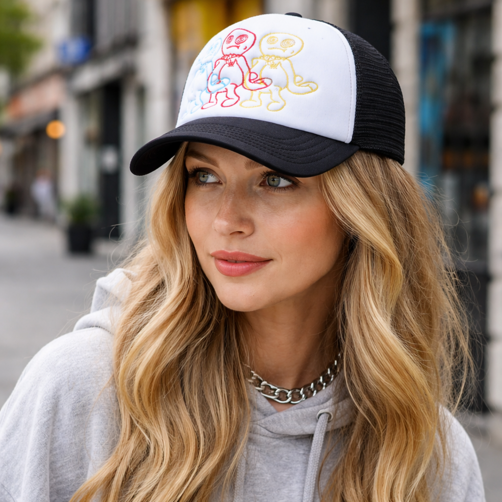 Colorful Cartoon Embroidered Foam Trucker Hat – Playful Mesh Cap for Street Style