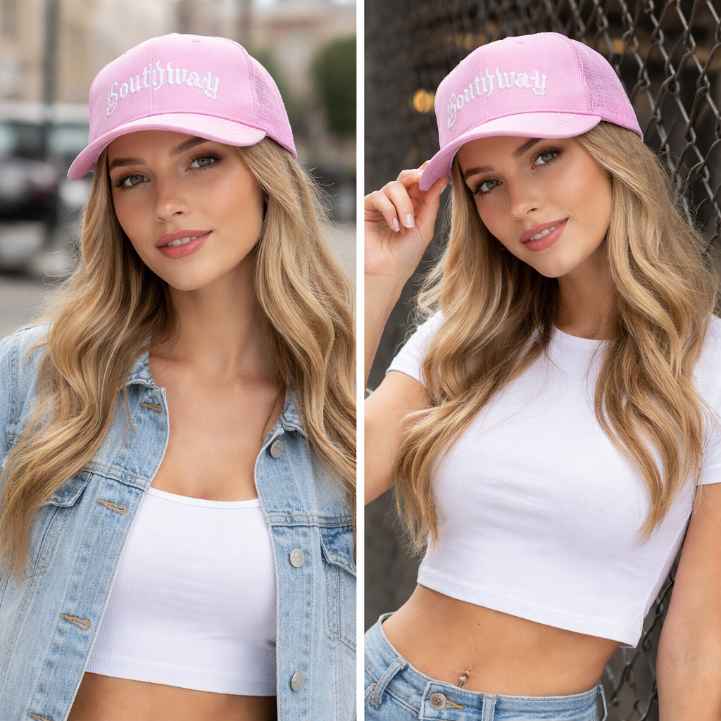 Pink Southway Foam Trucker Hat – Flat Embroidered Logo 5 Panel Mesh Cap