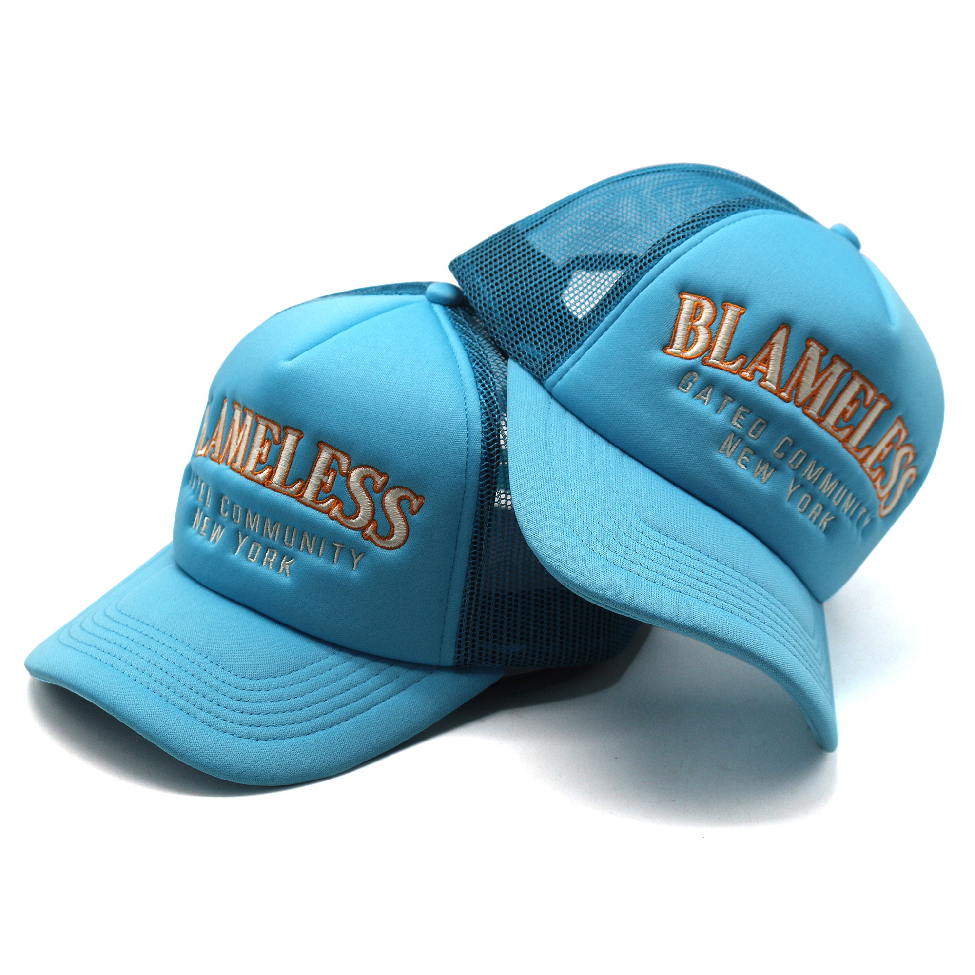 Blue Foam Mesh Trucker Hat with Flat Embroidered Logo