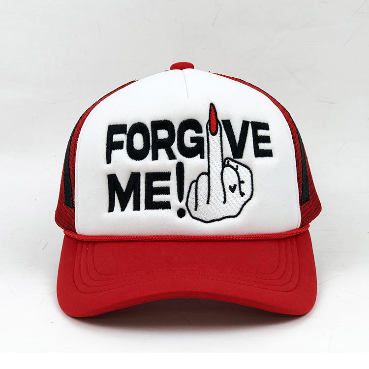 Red & White 5-Panel Foam Trucker Hat with Flat Embroidered Graphic