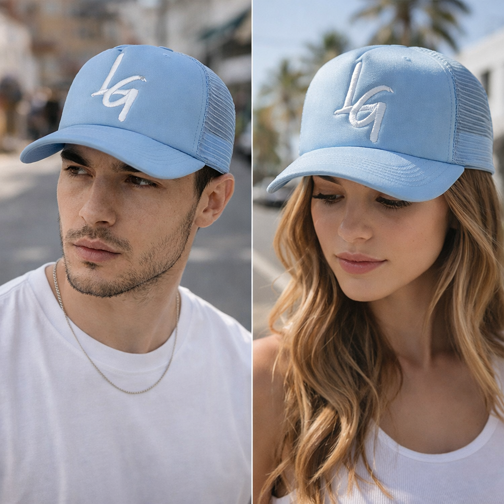 Light Blue Foam Trucker Hat with Flat Embroidered Logo