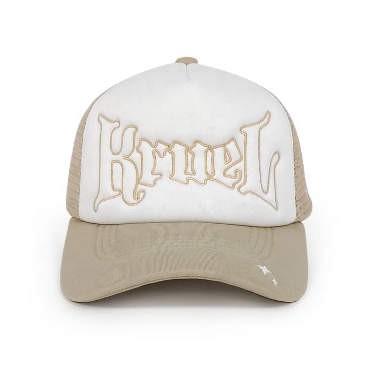 Beige and White Foam Trucker Hat with Gothic Letter Embroidery