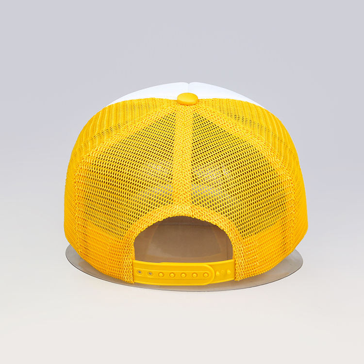 Yellow and White 5 Panel Foam Trucker Hat with Embroidered Script