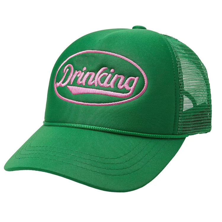 Green Foam Mesh Trucker Hat with Pink Embroidery – Drinking Logo Cap