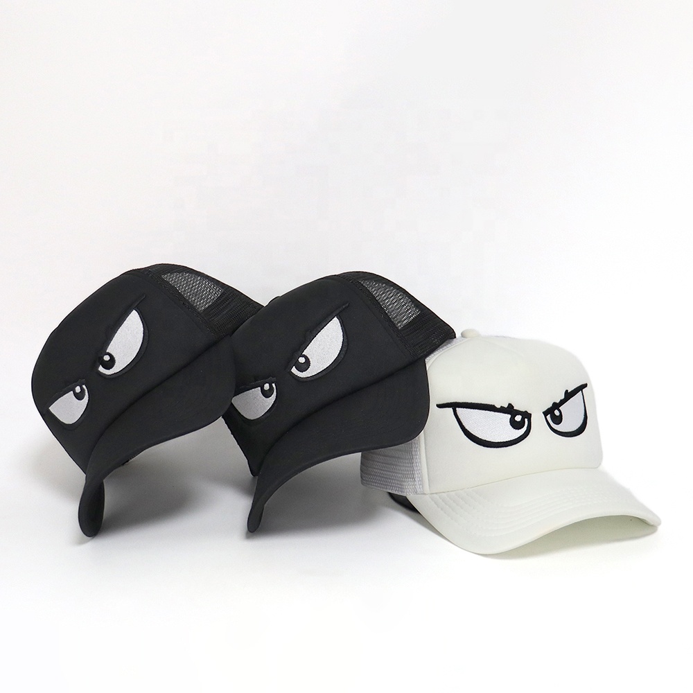 Angry Eyes Embroidered 5-Panel Foam Trucker Hat with Mesh Back