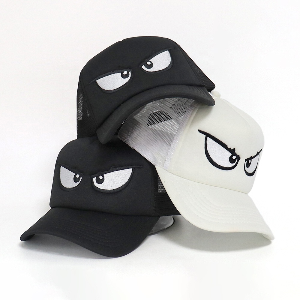 Angry Eyes Embroidered 5-Panel Foam Trucker Hat with Mesh Back