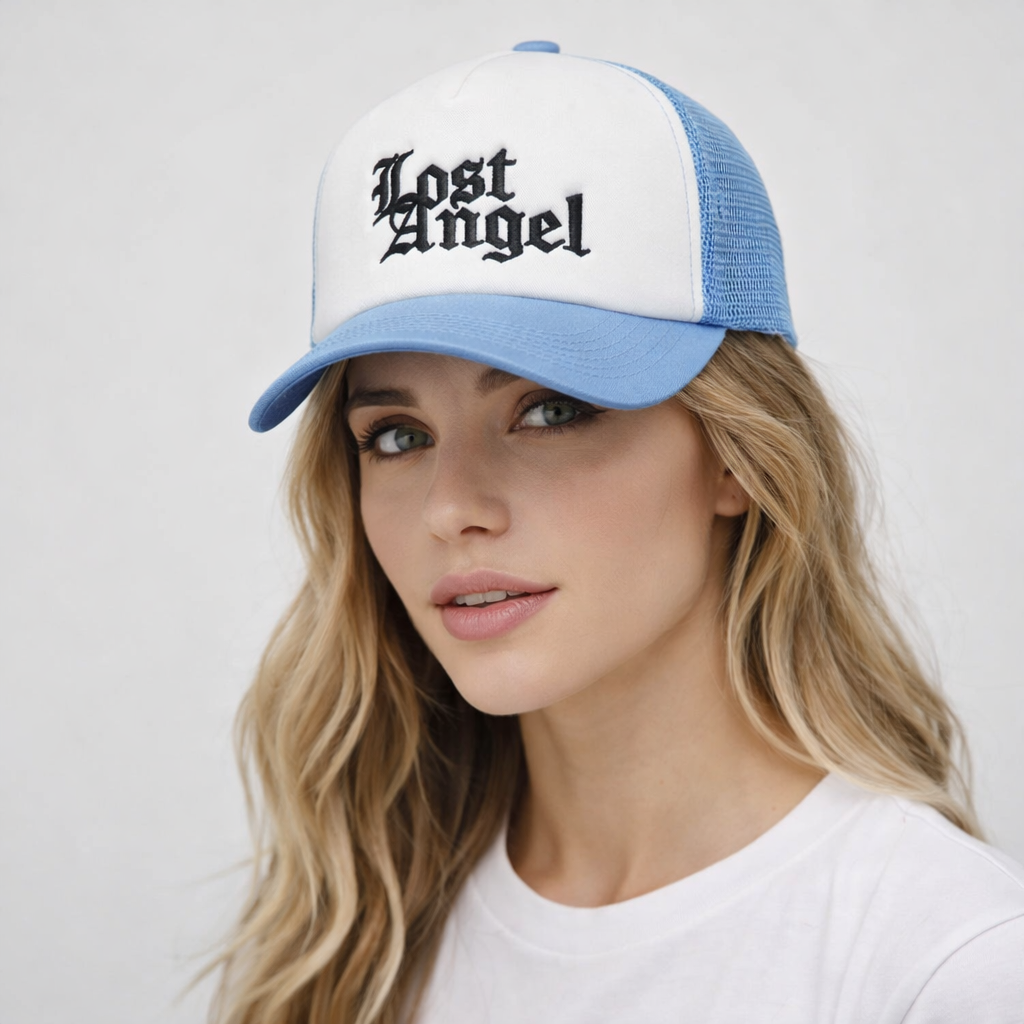 Lost Angel Embroidered Blue White Foam Mesh Trucker Hat – 5 Panel Snapback