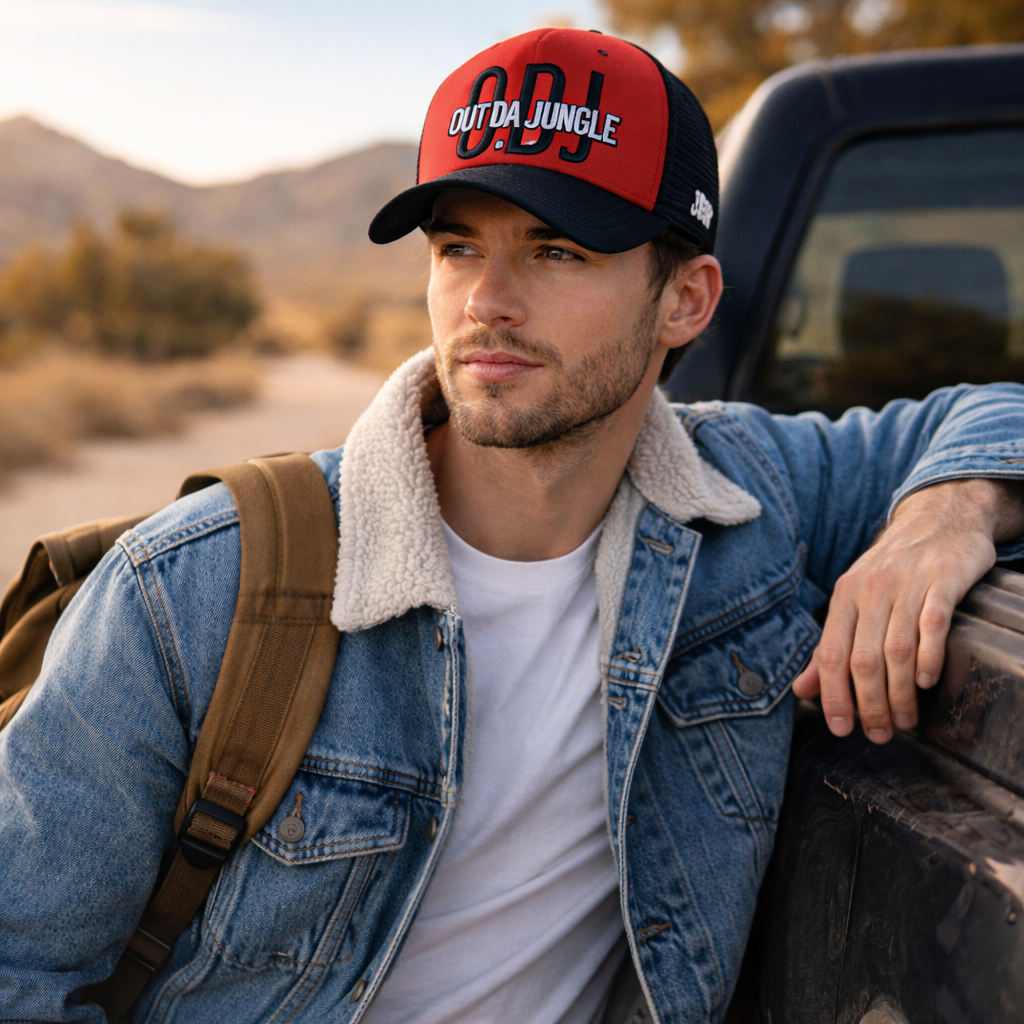 Red and Black Mesh Back Trucker Cap with Embroidered Letter Logo