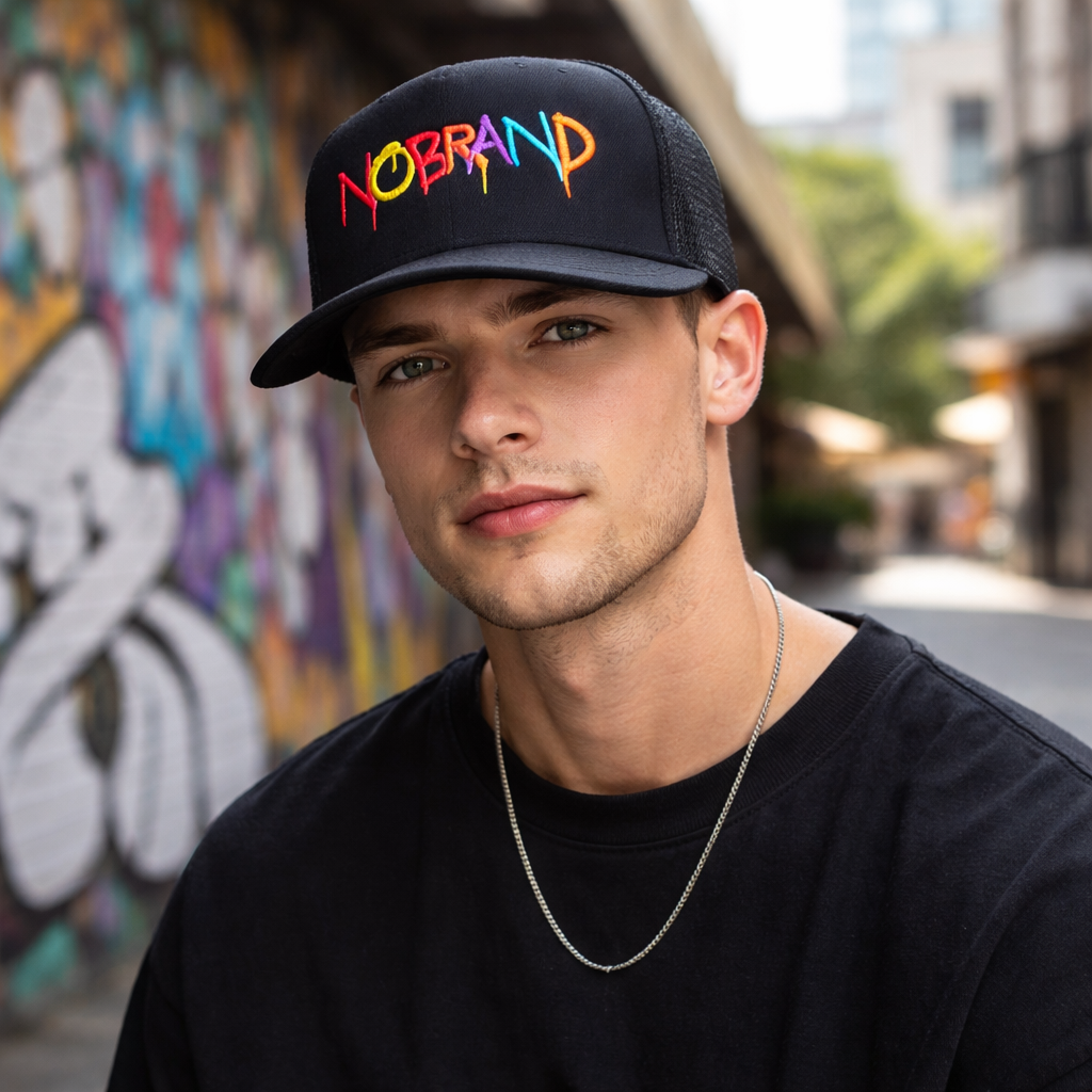 Black 5-Panel Foam Trucker Cap with Bold Logo Embroidery