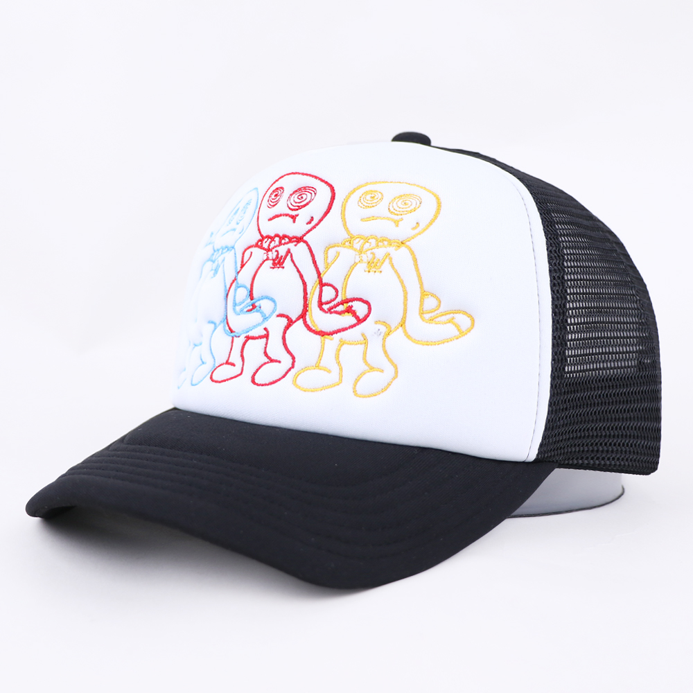 Colorful Cartoon Embroidered Foam Trucker Hat – Playful Mesh Cap for Street Style